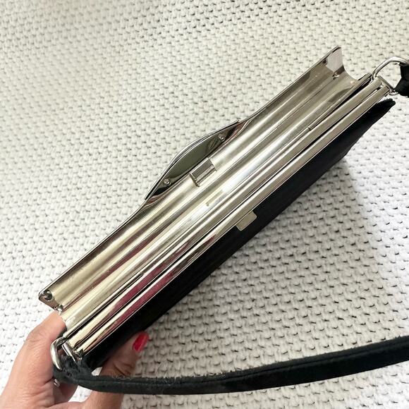 Crown Lewis Black Satin Evening Top Handle Clutch Mini Box Satchel Crystal Clasp - Picture 7 of 14